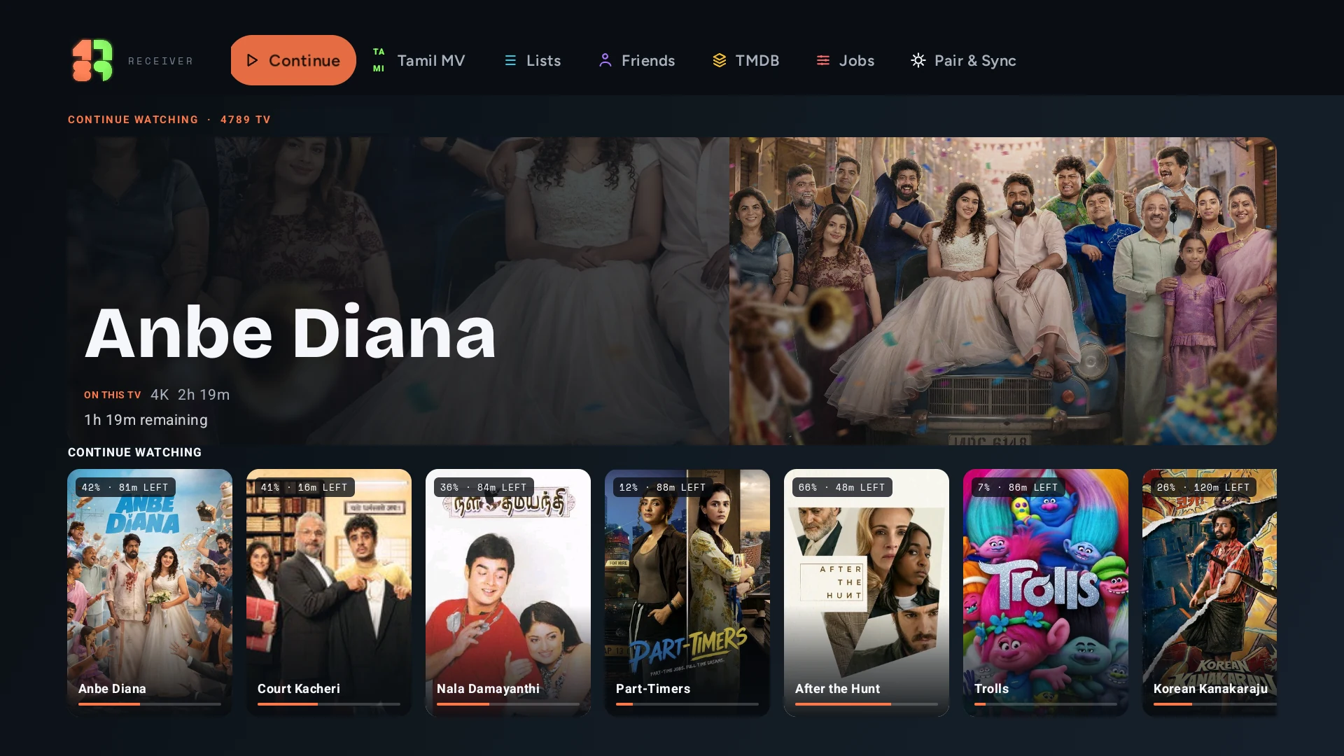 The 4789 TV lobby on a television, showing a Continue Watching hero and a rail of poster cards