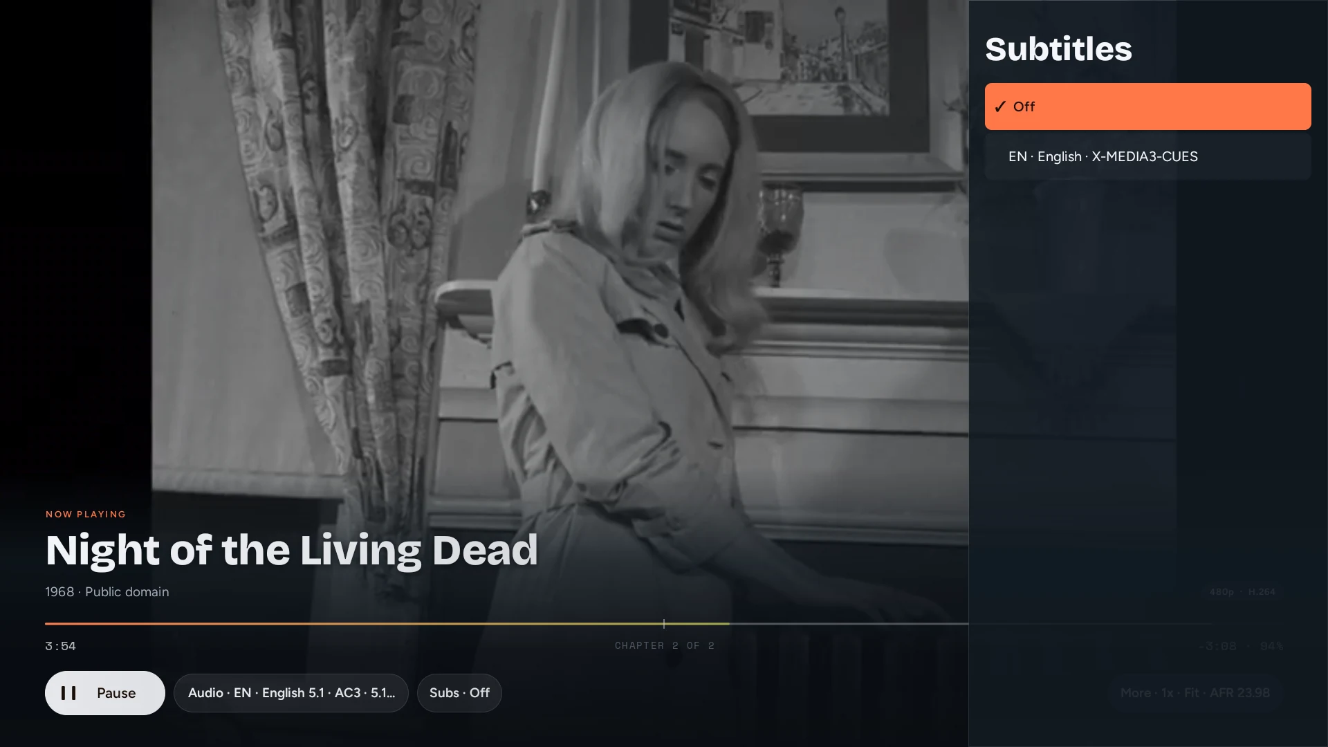 The 4789 TV subtitle picker listing Off and an English subtitle track